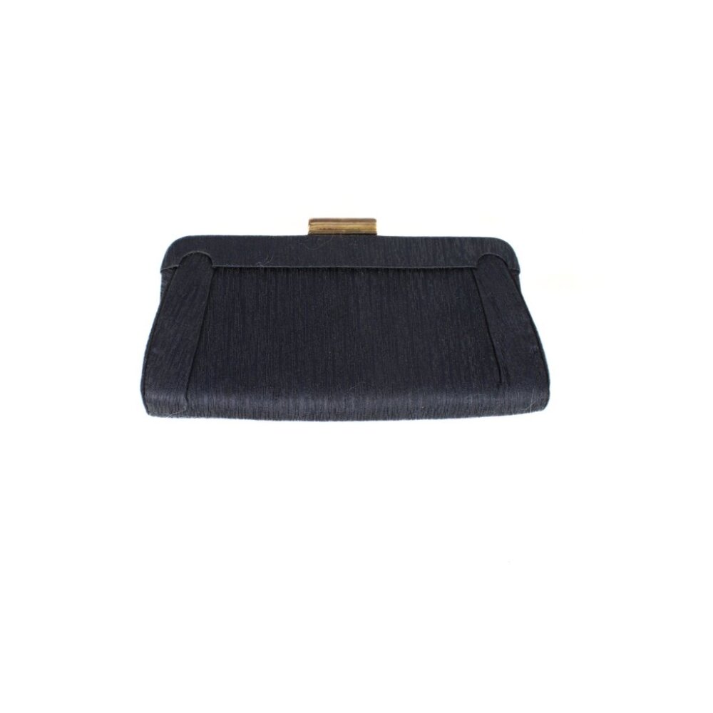 Vintage 1960s Navy Slubbed Linen Clutch Gold Lever Closure Textured Fabric